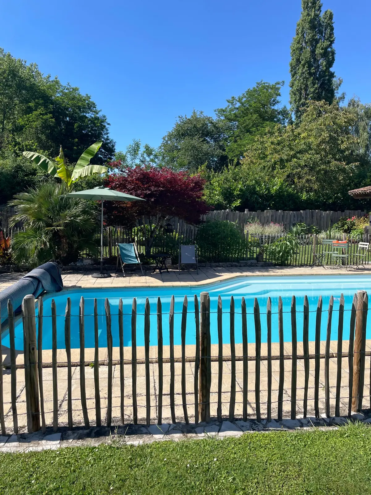 La piscine entourée d'une clôture en bois de châtaignier, avec transats et parasol, sous un ciel bleu.